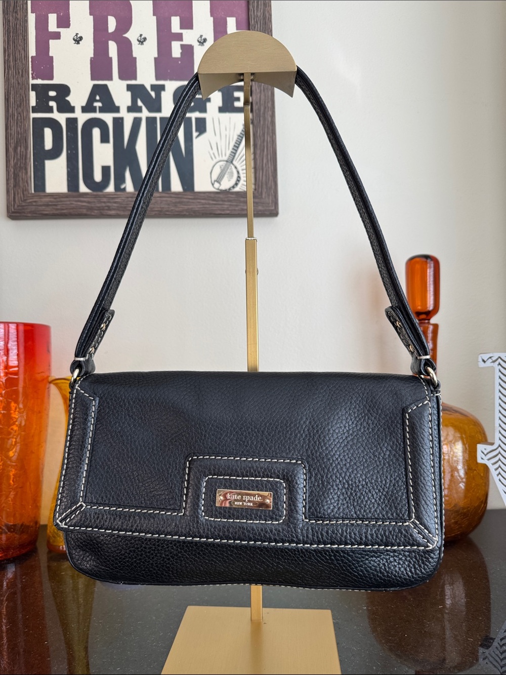 Vintage kate spade Black Pebbled Leather Shoulder Bag w/White Contrast Stitching